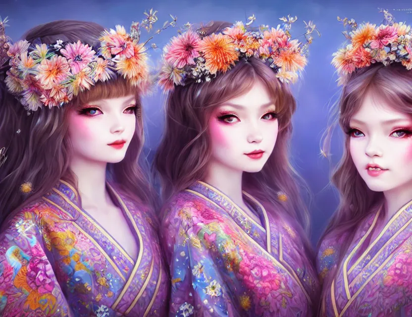 Image similar to two beautiful fashion siberian girls wear fantasy kimono in festival | | big eyes, sunny, dreamlike art, realistic shaded, smile, good looking, hyper details, 4 k realistic, cryengine, realistic shaded lighting poster by artgerm, ross tran, fuji choko, loish, 8 k resolution, trending on artstation, luxury