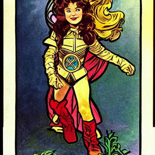 Prompt: a little girl with a mischievous face and short wavy curly brown hair. she is dressed as a knight. well composed, clean elegant painting, beautiful detailed face. comic book art by steve ditko and jack kirby and alphonse mucha