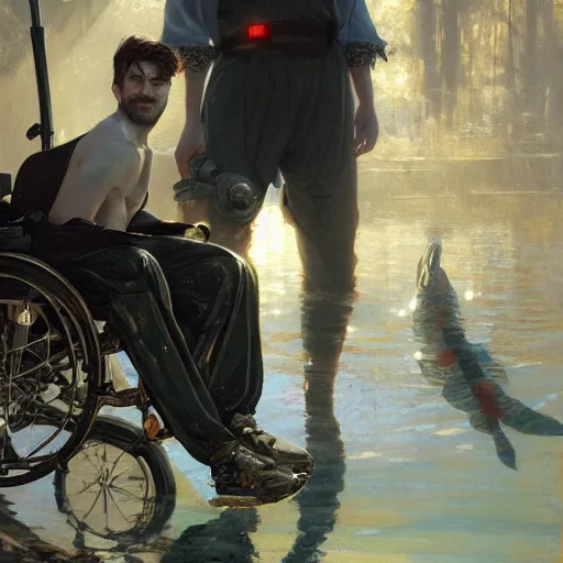 Prompt: handsome portrait of a wheelchair guy fitness posing, radiant light, caustics, war hero, smooth, one legged amputee, reflective water koi pond, sunbeams, by gaston bussiere, bayard wu, greg rutkowski, giger, maxim verehin