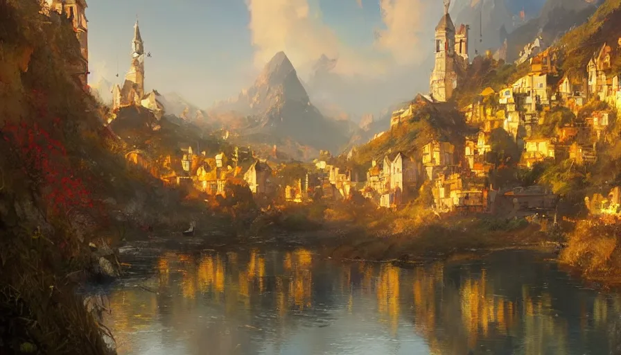 Prompt: a beautiful establishing shot of the duchy of toussaint, warm colors by greg rutkowski and kalin popov, trending on artstation, masterpiece,