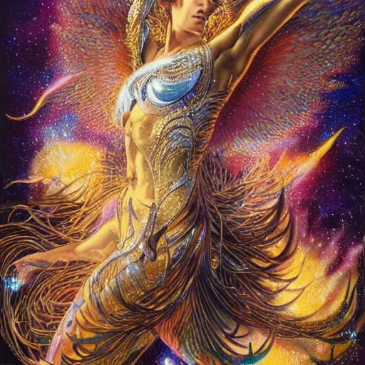 Image similar to full muscular body made of gems with golden feathers ,thunder, shining light, nebulas, god rays by Karol Bak, Ayami Kojima, Amano