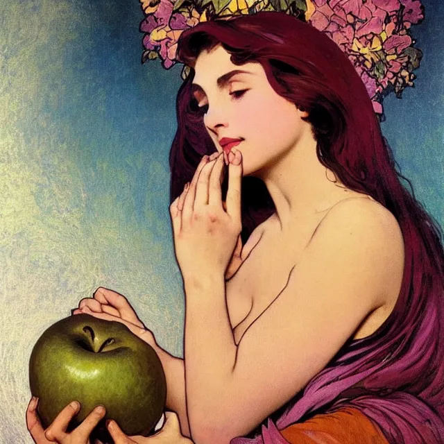 Prompt: an aesthetic! detailed close - up portrait of an aesthetic woman crying mournfully while holding an apple in a gloved hand, by frank frazetta and alphonse mucha, oil on canvas, bright colors, art nouveau, epic composition, dungeons and dragons fantasy art, hd, god - rays, ray - tracing, crisp contour - lines, huhd - 8 k