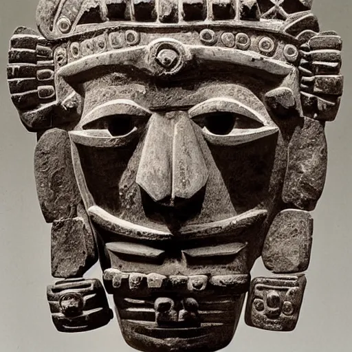 Image similar to photo portrait of precolumbian aztec shamanic metal face mask with fine detail engravings and runes cultist lord rich baron by Diane Arbus and Louis Daguerre