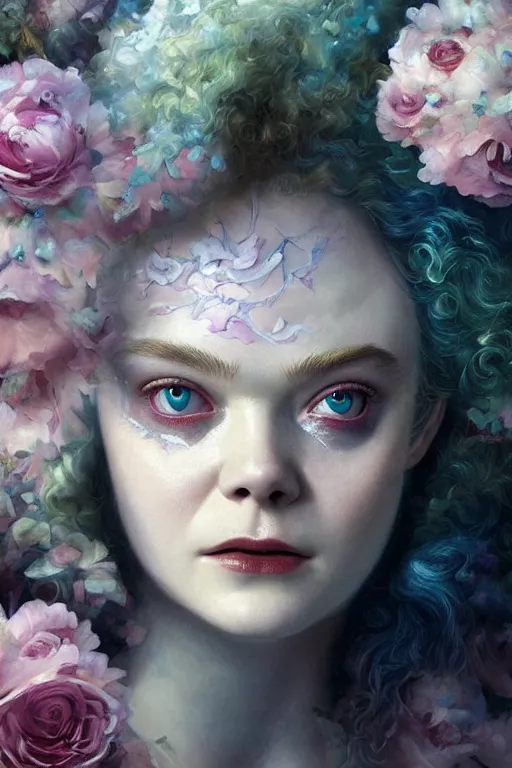 Prompt: closeup portrait shot of elle fanning as delirium of the endless, the sandman, the fairy queen, floral growth, thick fancy makeup, highly detailed, digital painting, artstation, concept art, soft focus, depth of field, artgerm, tomasz alen kopera, peter mohrbacher, donato giancola, wlop, boris vallejo