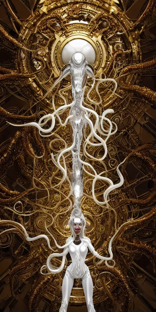 Prompt: a photo of 8k ultra realistic corrupted lovecraftian white golden humanoid queen standing next to a spaceship window overlooking earth, 8 intricate white and gold tentacles, ornate white and gold armour, white floor, cinematic lighting, trending on artstation, 4k, hyperrealistic, focused, extreme details, unreal engine 5, cinematic, masterpiece