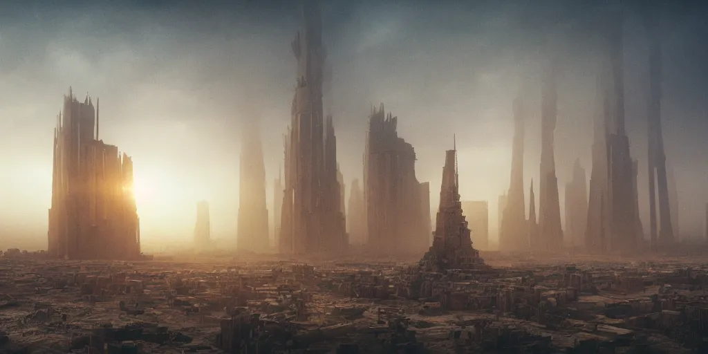 Prompt: tower!!!!!!!!, towers!!!!!!!!, babel, babylon, derelict, tall, ancient, atmospheric, beautiful, concept art, desert, civilisation, artstation, hazy, matte painting, highly detailed, volumetric lighting, rays, moody, golden hour, dawn, octane render, digital art, global illumination, city, burning