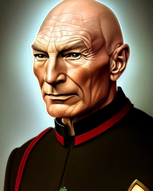 Image similar to symmetry portrait of captain picard in captain's uniform, tng, forest, intricate, elegant, highly detailed, digital painting, artstation, concept art, smooth, sharp focus, illustration, art by artgerm and greg rutkowski and fra angelico and alphons mucha