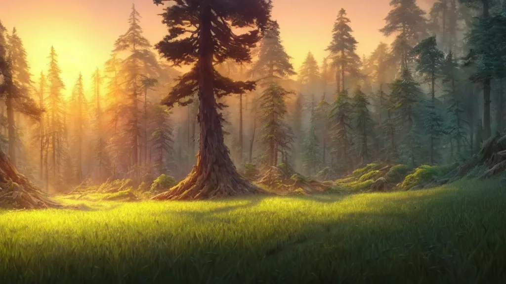 Image similar to forest clearing landscape, sunset, studio ghibli, pixar and disney animation, sharp, rendered in unreal engine 5, highly detailed, digital painting, artstation, concept art, smooth, sharp focus, illustration, wide angle, artbook, wallpaper, splash art, promo art, dramatic lighting, art by artgerm and greg rutkowski and bo chen and jin xiaodi
