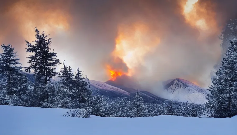 Image similar to a snow covered mountain with a single burning tree at the top of the snowy mountain, tree on fire on a snowy mountain top, landscape art, concept art, highly detailed, dramatic landscape, contrast lighting