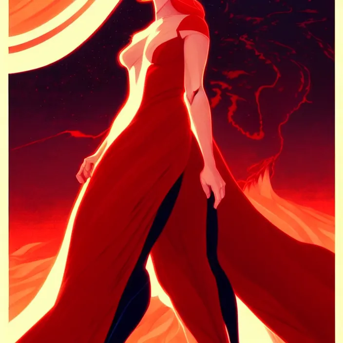 Image similar to style artgerm, joshua middleton, gerald brom, beautiful kristen bell with dark red dress, very long orange hair, symmetrical face, symmetrical eyes, fire powers fire swirling, detailed, volcano setting, cinematic lighting