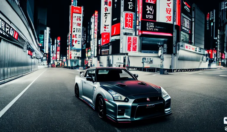 Image similar to wideshot of a nissan skyline gtr driving in tokyo at night, highly detailed, 4k photo, shot with sony alpha