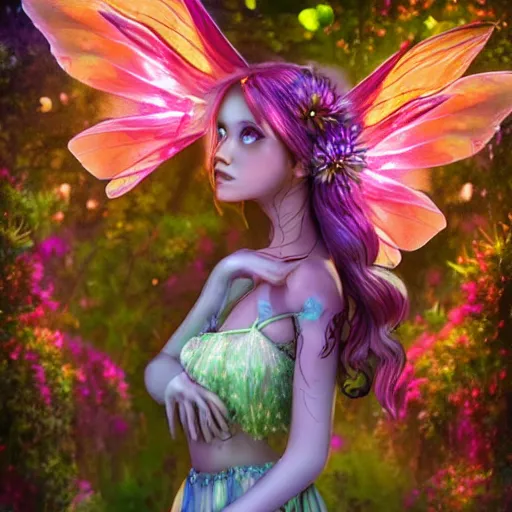 Image similar to macabre fairy princess, galaxy wings, woodland grove, beautiful colorful pretty artistic 4 k artstation trending dynamic dramatic lighting realistic floral garden blooming flowers high contrast