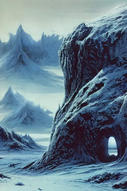 Prompt: emissary space by arthur haas and bruce pennington and john schoenherr, cinematic matte painting, photo realism, dark color palate, snow mountainscape