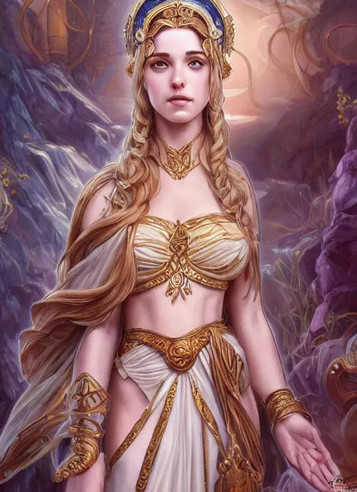 Prompt: Jaina Proudmoore as a Greek Goddess, beautiful detailed eyes, cute, fantasy, intricate, elegant, highly detailed, digital painting, 4k, HDR, concept art, detailed jewelry, smooth, sharp focus, illustration, art by Artgerm, H R Giger and Alphonse Mucha