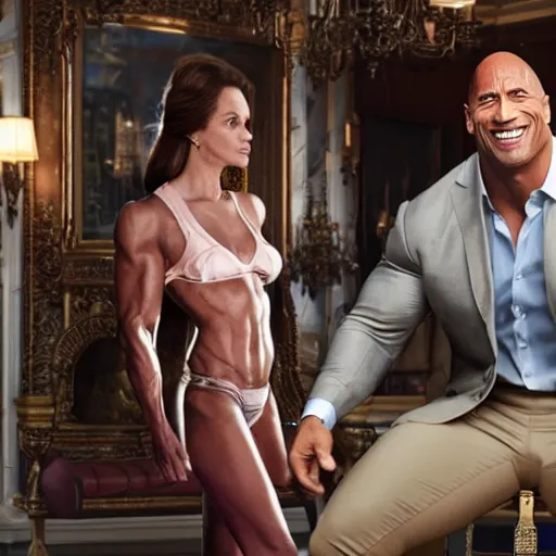 Image similar to Dwayne Johnson flexing his muscels in front of the queen of england in a bar, full body, photorealistic, 4k