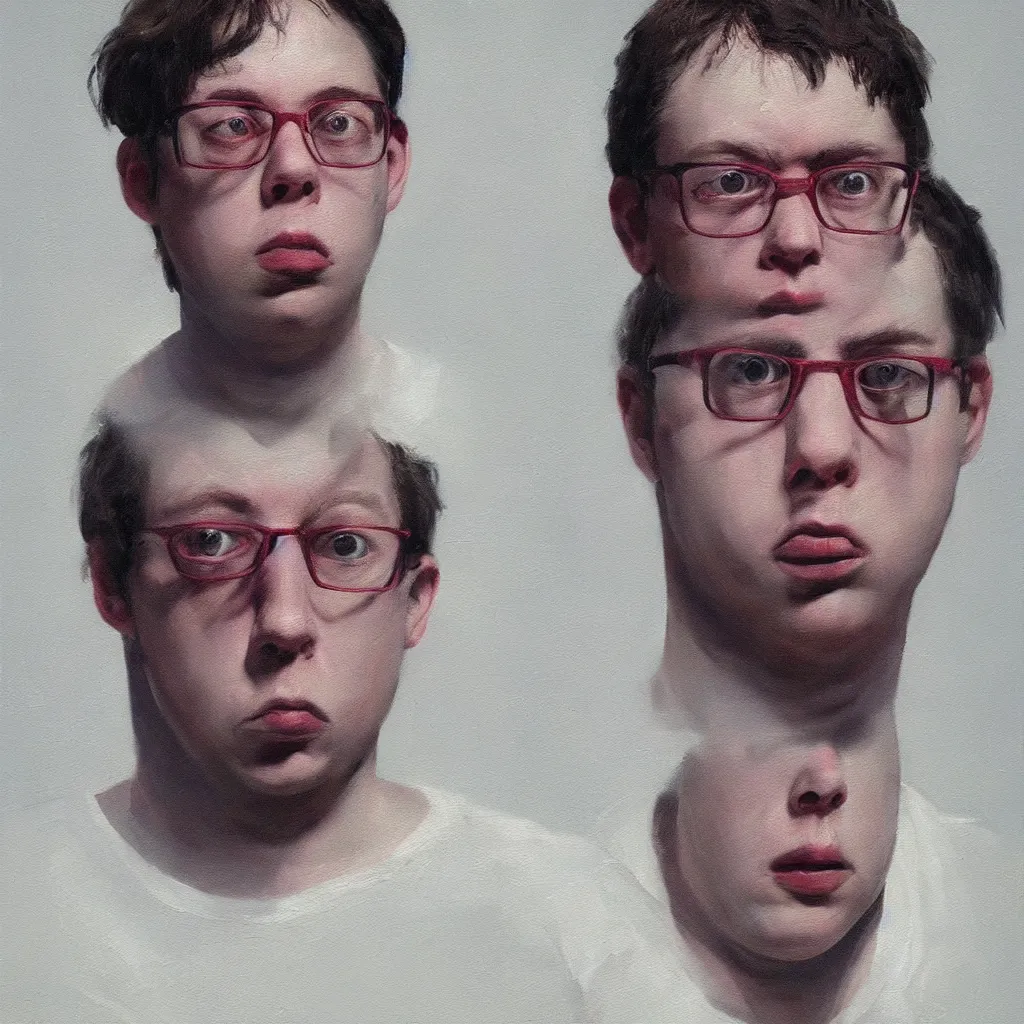 Prompt: oil painting by christian rex van minnen portrait of todd solondz age 2 5, extremely bizarre disturbing, intense chiaroscuro lighting perfect composition masterpiece intense emotion