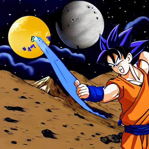 Image similar to son goku having a basketball match with a t - rex on the moon