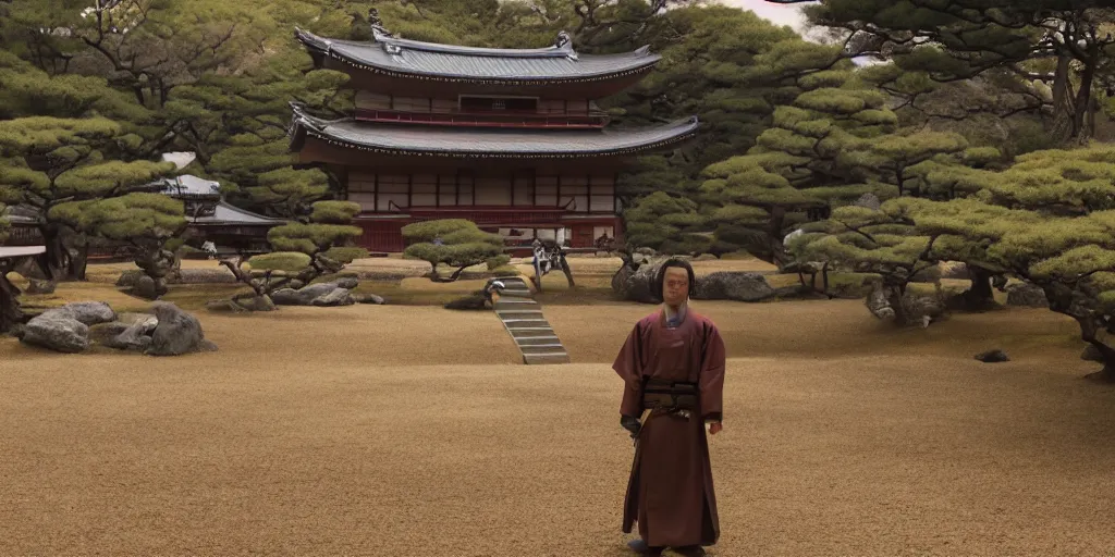Image similar to a film still of a japanese samurai temple in a japanese blockbuster film, landscape, shallow depth of field, cinematic, award winning cgi, vfx, film still