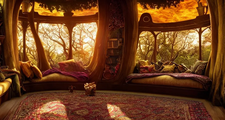 Image similar to an incredibly beautiful scene from a 2 0 2 2 marvel film featuring a cozy art nouveau reading nook in a fantasy treehouse interior. a couch with embroidered pillows. golden hour. 8 k uhd.