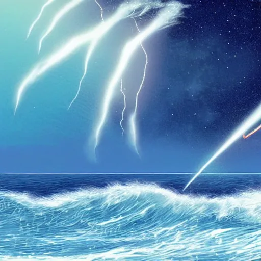 Image similar to a meteor striking the ocean causing large waves to form, highly detailed