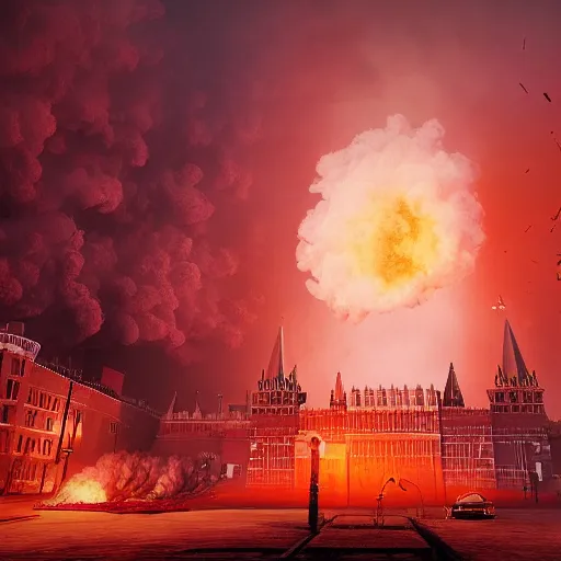 Image similar to a big explosion with clubs of smoke in the form of cotton plant in Red Square Kremlin, dynamic lighting, cinematic, extremely high detail, photo realistic, cinematic lighting, post processed, concept art, artstation, matte painting, unreal engine 8k