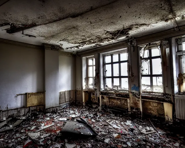 Image similar to Award winning photo of a living room of a flat abandoned 4 days ago, urban exploring, 4k, high quality