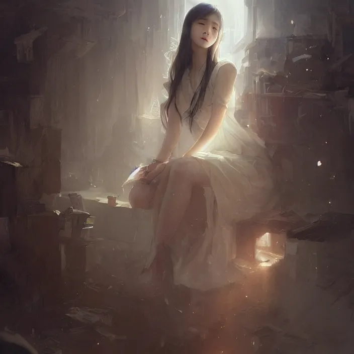 Image similar to IU, Korean Idol, Korean Artist, very detailed, digital art, concept art, studio quality, ethereal, art style by Greg Rutkowski