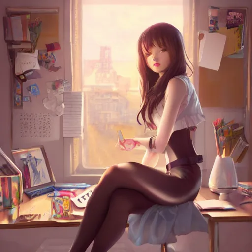 Prompt: a beautiful detective girl sitting in her office | | cute - fine - face, pretty face, fine details by stanley artgerm lau, wlop, rossdraws, james jean, andrei riabovitchev, marc simonetti, and sakimichan, trending on artstation