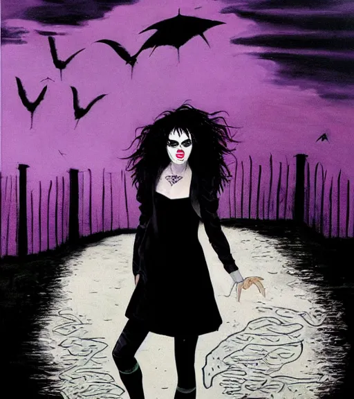 Prompt: A portrait of the character, Death, a young Goth girl wearing a black vest, Vertigo Comics, The Sandman written by Neil Gaiman, against a stormy purple sky