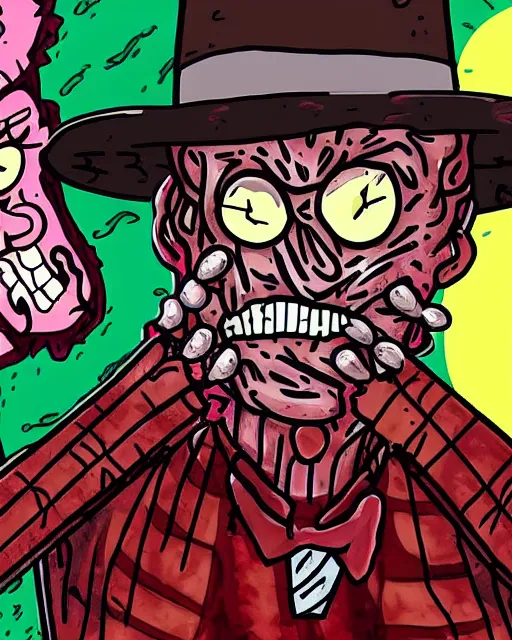 Image similar to freddy krueger in the style of rick and morty by justin roiland