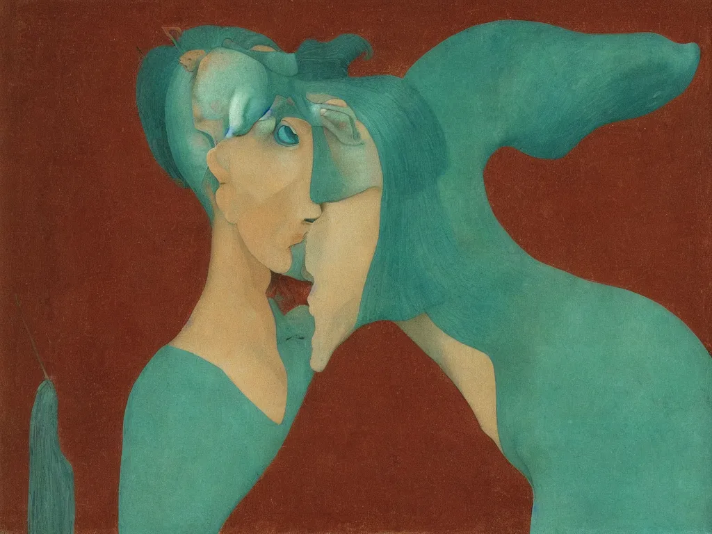 Image similar to portrait of a woman head, negative horse head with close up exotic betta fish. turquoise, malachite, cinnabar, earth brown painting by piero della francesca, balthus, agnes pelton