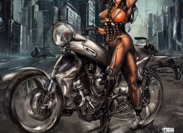 Prompt: a portrait of a female fitness model biker in a cyberpunk city art by Simon Bisley, Martin Emond, Sam Kieth, highly detailed artstation character concept art, full length character, sharp focus