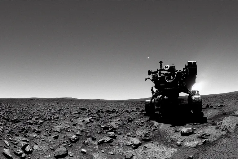 Prompt: a photo taken from a rover on the surface of a meteoroid careening through the cosmos, black and white, spielberg, 3 5 mm film, cinematic 4 k