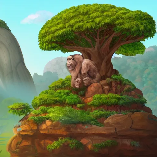 Prompt: painting of a small jungle island with a large rock formation in the shape of a gorilla head with a treehouse on the top, trending on artstation