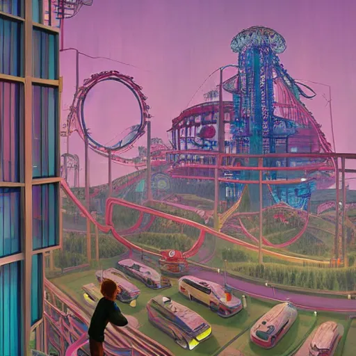 Image similar to a man standing in a futuristic penthouse apartment looking out onto an endless horror amusement park, artwork by simon stalenhag