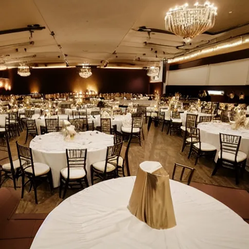 Image similar to walnut, gold, and white themed wedding reception