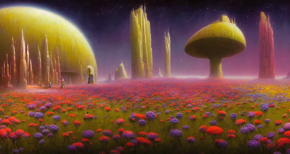 Image similar to a beautiful cinematic view of a large up close 3 d mystical alien shrine in a field of multicolored flowers, underneath a star filled night sky, harold newton, zdzislaw beksinski, donato giancola, warm coloured, gigantic pillars and flowers, maschinen krieger, beeple, star trek, star wars, ilm, atmospheric perspective