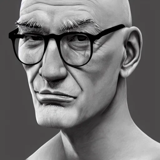 Prompt: Portrait of a handsome older bald man, with a patrician nose, black rimmed glasses, and a salt&pepper goatee, pencil sketch, photorealistic, high resolution, award winning, trending on artstation, olive skin, beautiful bone structure, intricate, elegant, highly detailed, digital sketch, artstation, concept art, smooth, sharp focus, illustration, art by phil noto and phil noto and phil noto