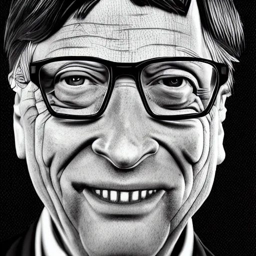 Prompt: bill gates full body portrait, piles of syringes behind him, body horror, black and white illustration by junji ito, feeling of grimdark, sharp focus, fiction, hyper detailed, digital art, trending in artstation, cinematic lighting, studio quality, smooth render, unreal engine 5