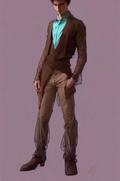 Image similar to full figure portrait of a single beautiful young fit man, dressed of modern transparent fluent shirt and large pants, by greg rutkowski and alphonse mucha, d & d character, gradient brown to cyan, interior design background, highly detailed portrait, digital painting, artstation, concept art, smooth, sharp focus ilustration, artstation hq