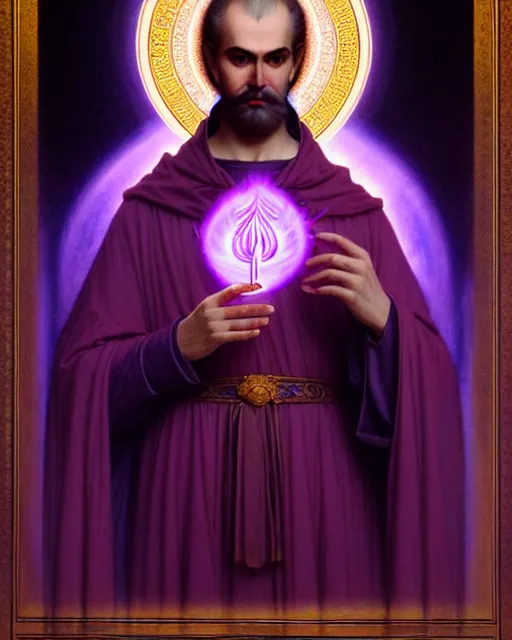 Image similar to portrait of saint germain, he is holding the violet purple indigo flame, completely violet colored, intricate, elegant, highly detailed, digital painting, artstation, concept art, smooth, sharp focus, illustration, art by artgerm and greg rutkowski and fra angelico and alphons mucha