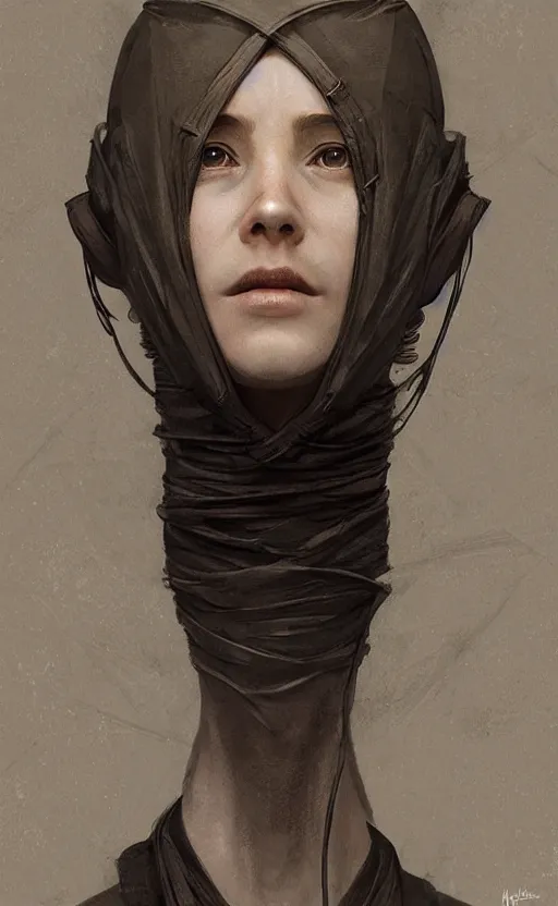 Image similar to portrait of a dystopian woman wearing an outfit inspired by the handmaid ’ s tale ( 2 0 1 7 ), intricate, headshot, highly detailed, digital painting, artstation, concept art, sharp focus, cinematic lighting, digital painting, art by artgerm and greg rutkowski, alphonse mucha, cgsociety