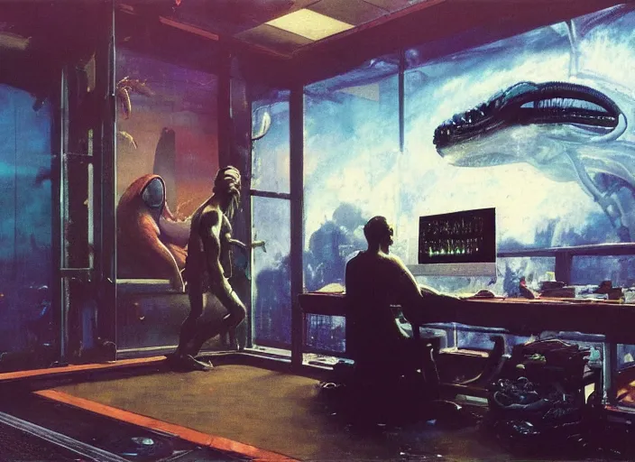 Prompt: a large computer with lots of power and a big aquarium by francis bacon, surreal, norman rockwell and james jean, greg hildebrandt, triadic color scheme, by greg rutkowski, in the style of francis bacon and edward hopper and beksinski, dark surrealism, grand theft auto video game, a still from the film alien