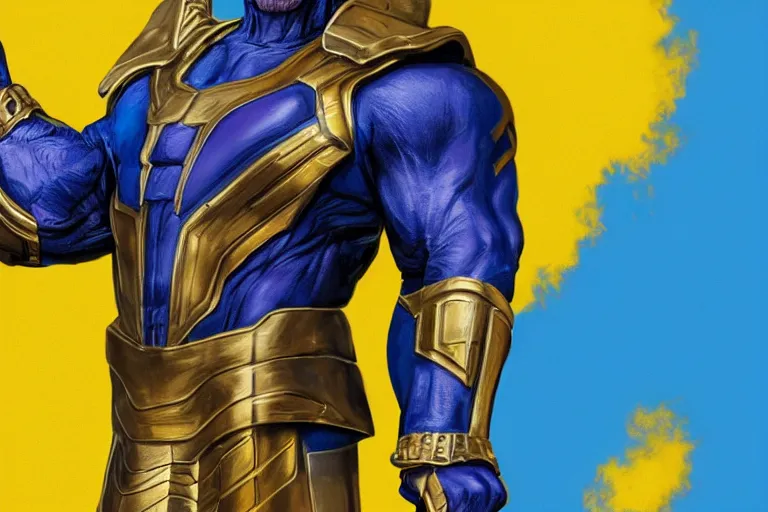 Prompt: MCU Thanos wearing blue and gold armor grimacing while raising his clenched fist in the air beside him, trending on Artstation, highly detailed, hyper realistic, vibrant colors, HD wallpaper, 4k, photorealistic, digital art