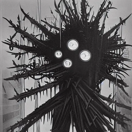 Image similar to A beautiful experimental art of a large, monster looming over a cityscape. The monster has several eyes and mouths, and its body is covered in spikes. It seems to be coming towards the viewer, who is looking up at it in fear. icy by Richard Hamilton, by Ruth Bernhard rich details