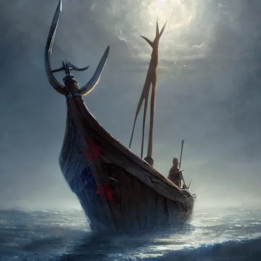 Image similar to war viking ship, viking spears and axes. bright art masterpiece artstation. 8 k, sharp high quality artwork in style of greg rutkowski, concept art by tooth wu, blizzard warcraft artwork