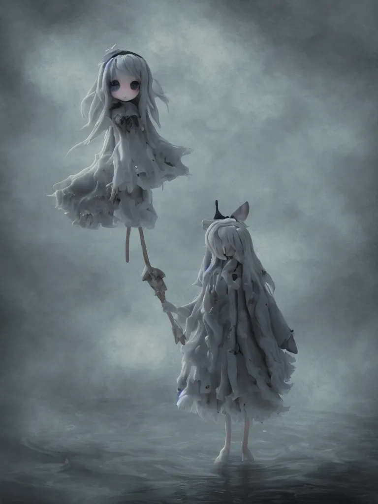 Prompt: cute fumo plush girl witch standing in reflective murky ghastly river water, otherworldly gothic horror maiden in tattered cloth, hazy heavy swirling murky volumetric fog and smoke, moonglow, lens flare, vray