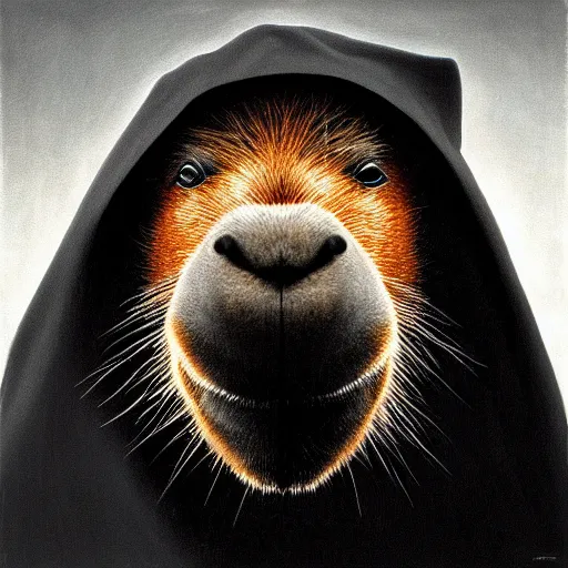 Image similar to a portrait of a capybara wearing a black hood, cloak covering face, anatomically correct, beautiful perfect face, enigmatic, oil painting, matte, black background, volumetric dynamic lighting, highly detailed, cinematic lighting, unreal engine, 8 k, hd, by beksinski