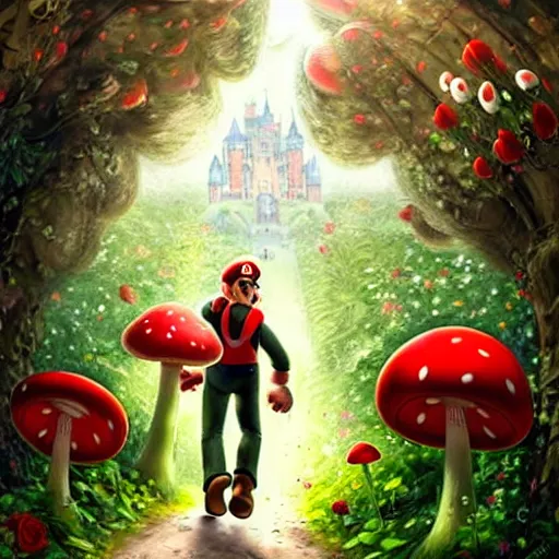 Prompt: portrait of Mario, running through a forest, in the Mushroom Kingdom, giant red and white spotted mushrooms, and roses, from behind, Castle in distance, birds in the sky, sunlight and rays of light shining through trees, beautiful, solarpunk!!!, highly detailed, digital painting by Michael Garmash and Peter Mohrbacher