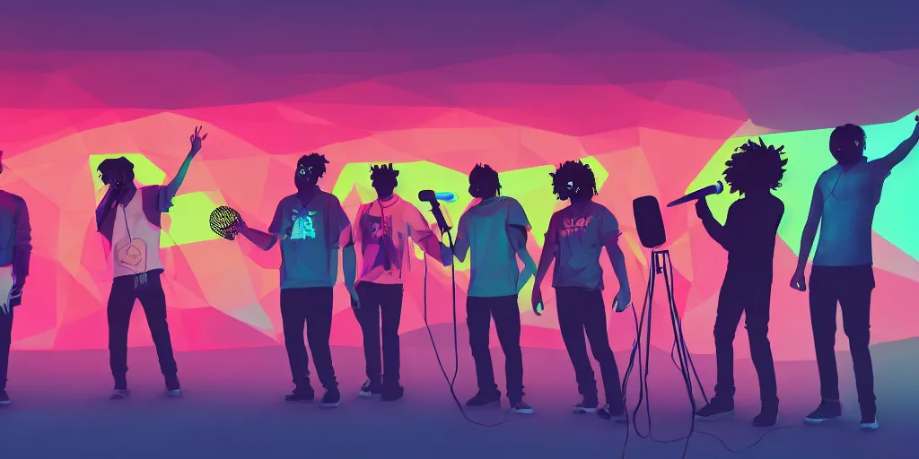 Image similar to four friends rapping with microphone in living room, epic pose, silhouetted, distinct, digital art, vaporwave, psychedelic, surreal, hip hop, trending on Artstation, professional artist, detailed, 4k